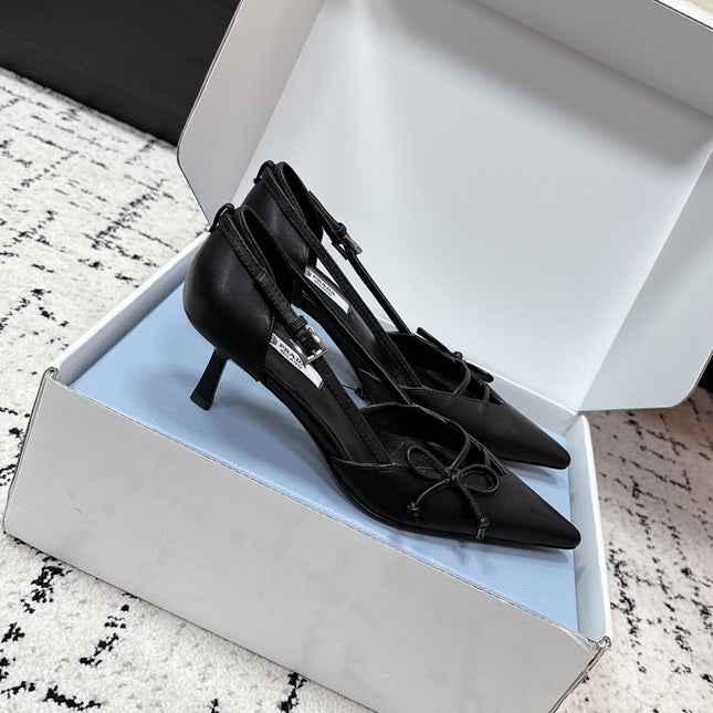 PRADA 26S POINTED-TOE HIGH HEELS 55MM IN BLACK CALFSKIN WITH BOW