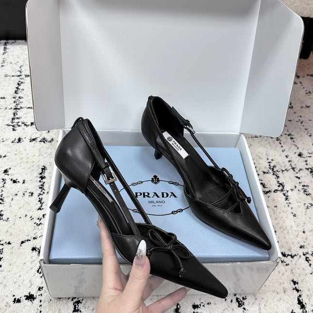 PRADA 26S POINTED-TOE HIGH HEELS 55MM IN BLACK CALFSKIN WITH BOW