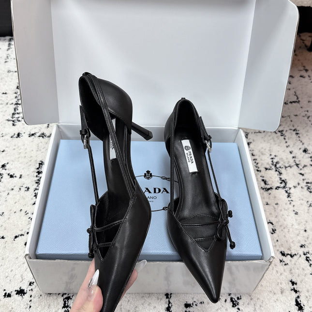 PRADA 26S POINTED-TOE HIGH HEELS 55MM IN BLACK CALFSKIN WITH BOW