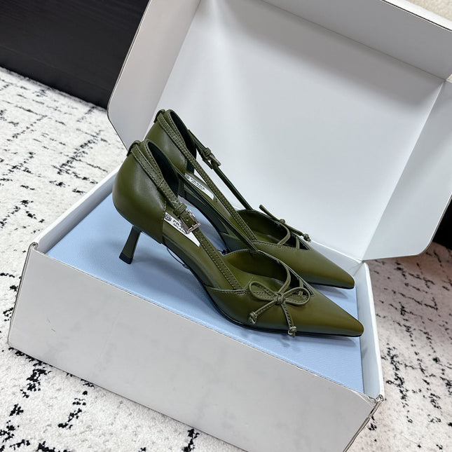 PRADA 26S POINTED-TOE HIGH HEELS 55MM IN DARK OLIVE GREEN CALFSKIN WITH BOW