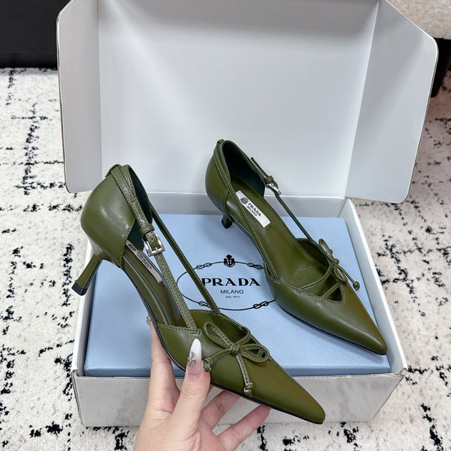 PRADA 26S POINTED-TOE HIGH HEELS 55MM IN DARK OLIVE GREEN CALFSKIN WITH BOW