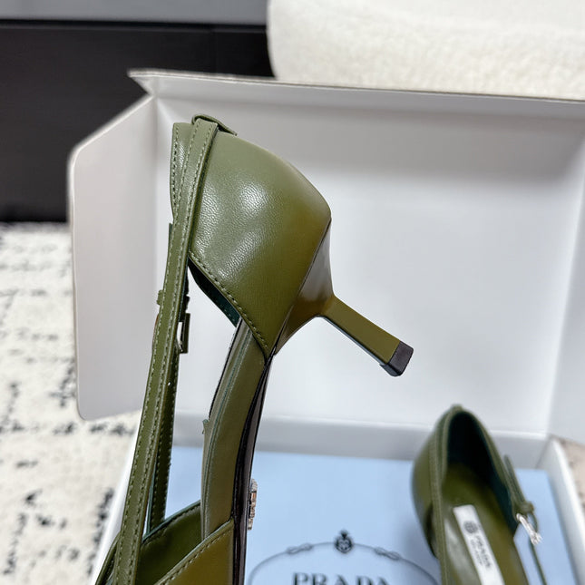 PRADA 26S POINTED-TOE HIGH HEELS 55MM IN DARK OLIVE GREEN CALFSKIN WITH BOW