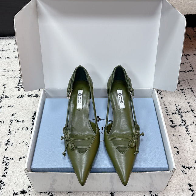 PRADA 26S POINTED-TOE HIGH HEELS 55MM IN DARK OLIVE GREEN CALFSKIN WITH BOW