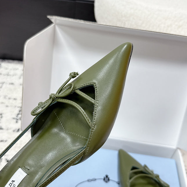 PRADA 26S POINTED-TOE HIGH HEELS 55MM IN DARK OLIVE GREEN CALFSKIN WITH BOW
