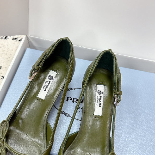 PRADA 26S POINTED-TOE HIGH HEELS 55MM IN DARK OLIVE GREEN CALFSKIN WITH BOW