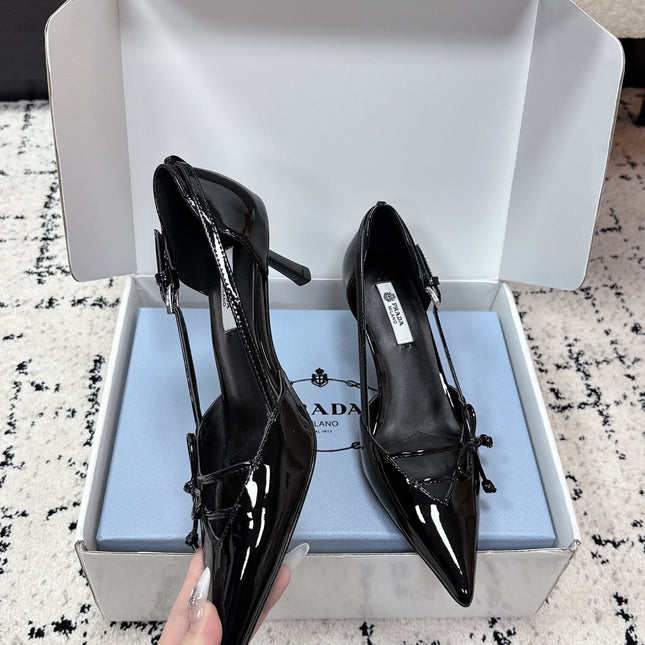 PRADA 26S POINTED-TOE HIGH HEELS 55MM IN BLACK PATENT CALFSKIN WITH BOW