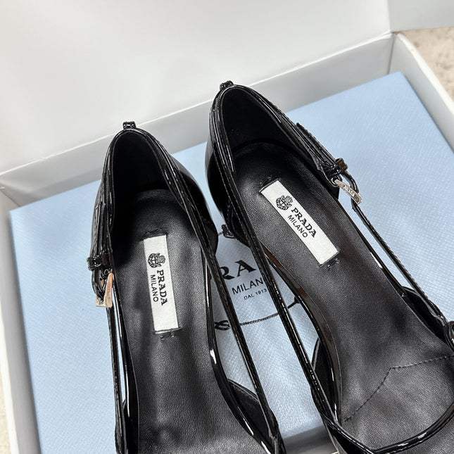 PRADA 26S POINTED-TOE HIGH HEELS 55MM IN BLACK PATENT CALFSKIN WITH BOW