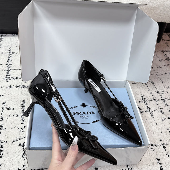 PRADA 26S POINTED-TOE HIGH HEELS 55MM IN BLACK PATENT CALFSKIN WITH BOW