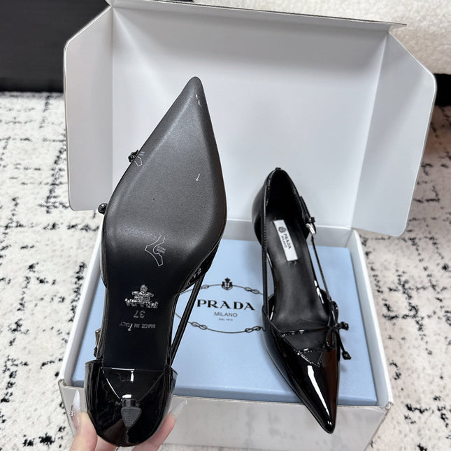 PRADA 26S POINTED-TOE HIGH HEELS 55MM IN BLACK PATENT CALFSKIN WITH BOW