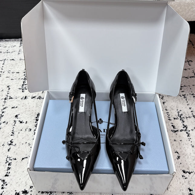 PRADA 26S POINTED-TOE HIGH HEELS 55MM IN BLACK PATENT CALFSKIN WITH BOW