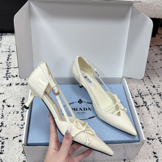 PRADA 26S POINTED-TOE HIGH HEELS 55MM IN IVORY WHITE CALFSKIN WITH BOW