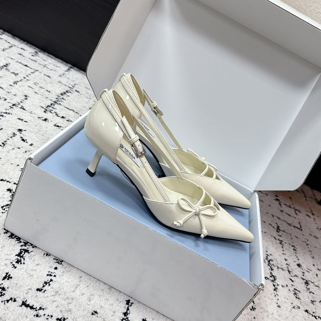 PRADA 26S POINTED-TOE HIGH HEELS 55MM IN IVORY WHITE CALFSKIN WITH BOW