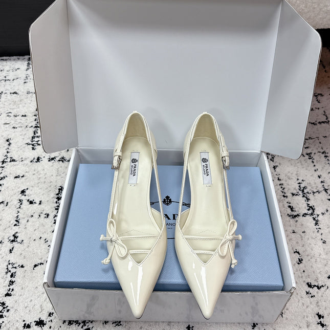 PRADA 26S POINTED-TOE HIGH HEELS 55MM IN IVORY WHITE CALFSKIN WITH BOW