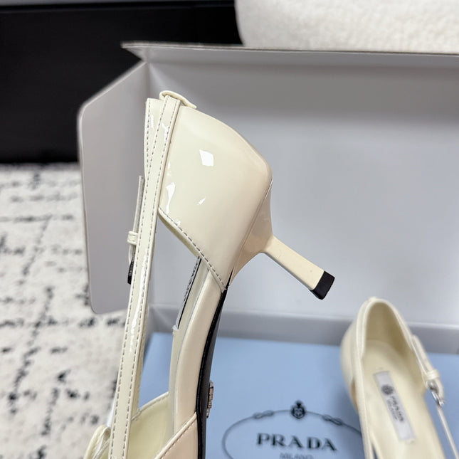 PRADA 26S POINTED-TOE HIGH HEELS 55MM IN IVORY WHITE CALFSKIN WITH BOW