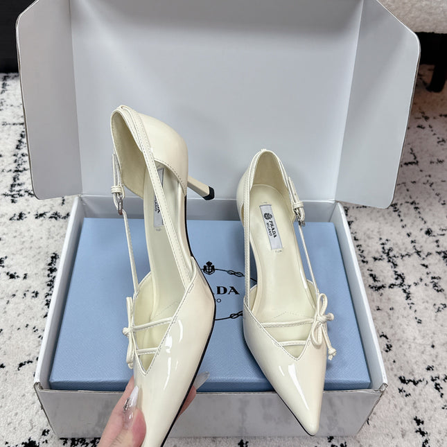 PRADA 26S POINTED-TOE HIGH HEELS 55MM IN IVORY WHITE CALFSKIN WITH BOW