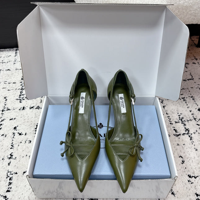 PRADA 26S POINTED-TOE HIGH HEELS 75MM IN DARK OLIVE GREEN CALFSKIN WITH BOW