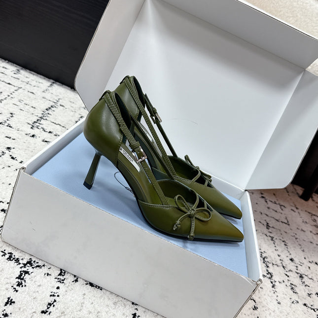 PRADA 26S POINTED-TOE HIGH HEELS 75MM IN DARK OLIVE GREEN CALFSKIN WITH BOW