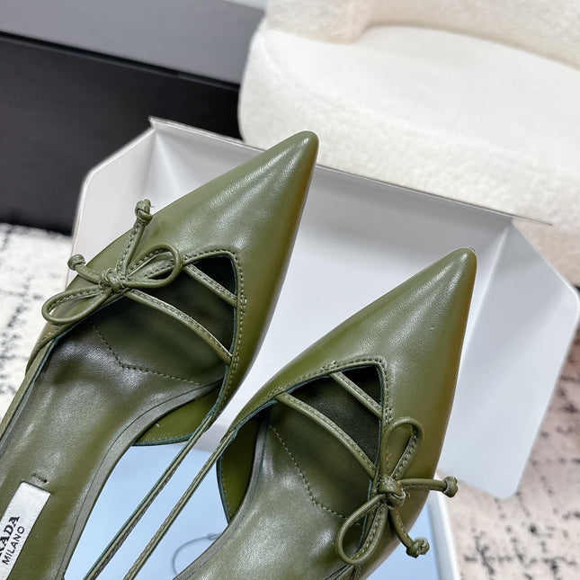 PRADA 26S POINTED-TOE HIGH HEELS 75MM IN DARK OLIVE GREEN CALFSKIN WITH BOW