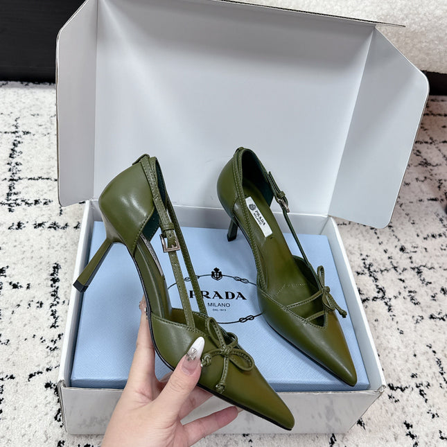 PRADA 26S POINTED-TOE HIGH HEELS 75MM IN DARK OLIVE GREEN CALFSKIN WITH BOW