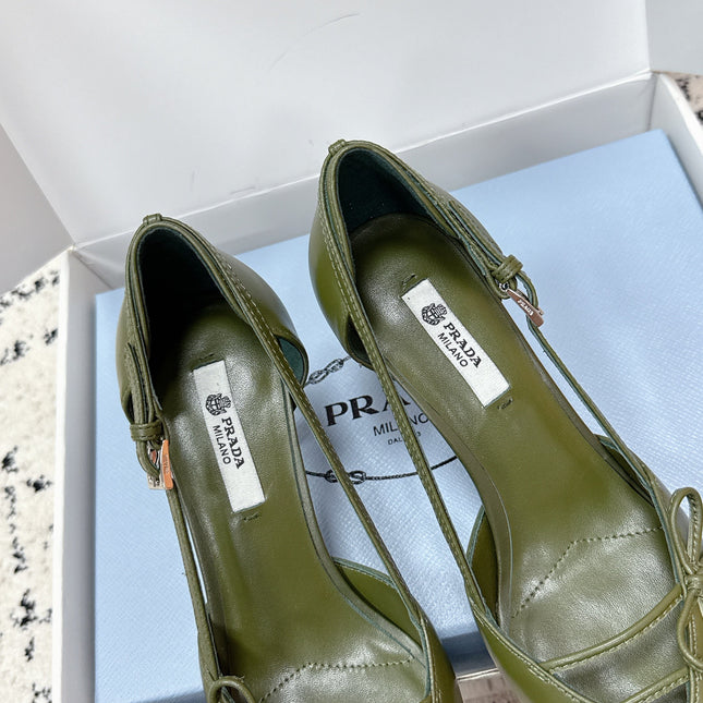 PRADA 26S POINTED-TOE HIGH HEELS 75MM IN DARK OLIVE GREEN CALFSKIN WITH BOW