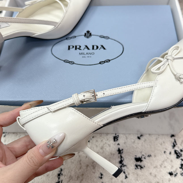 PRADA 26S POINTED-TOE HIGH HEELS 75MM IN WHITE CALFSKIN WITH BOW