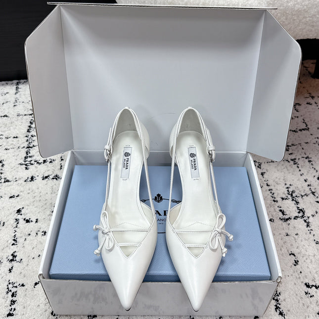 PRADA 26S POINTED-TOE HIGH HEELS 75MM IN WHITE CALFSKIN WITH BOW