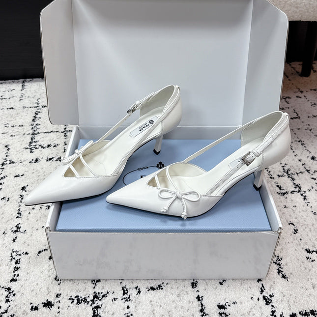 PRADA 26S POINTED-TOE HIGH HEELS 75MM IN WHITE CALFSKIN WITH BOW