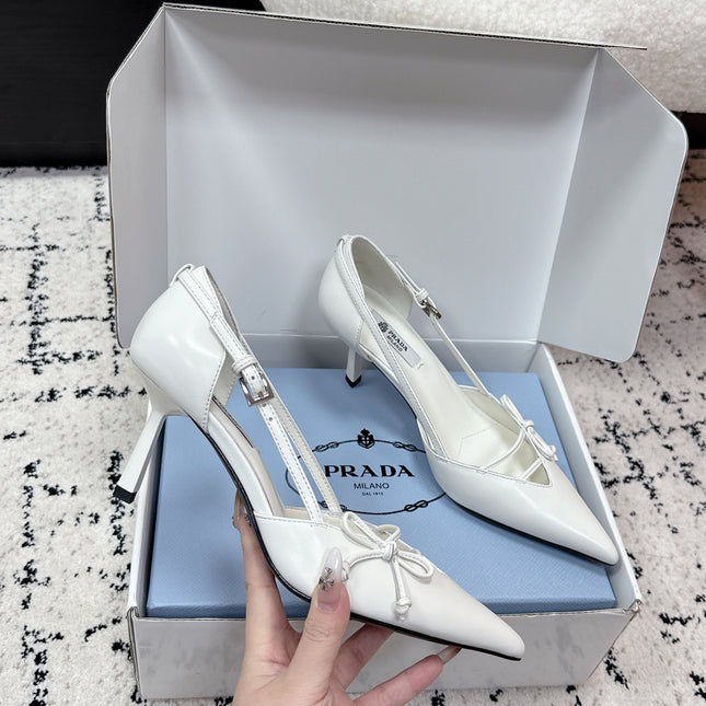 PRADA 26S POINTED-TOE HIGH HEELS 75MM IN WHITE CALFSKIN WITH BOW
