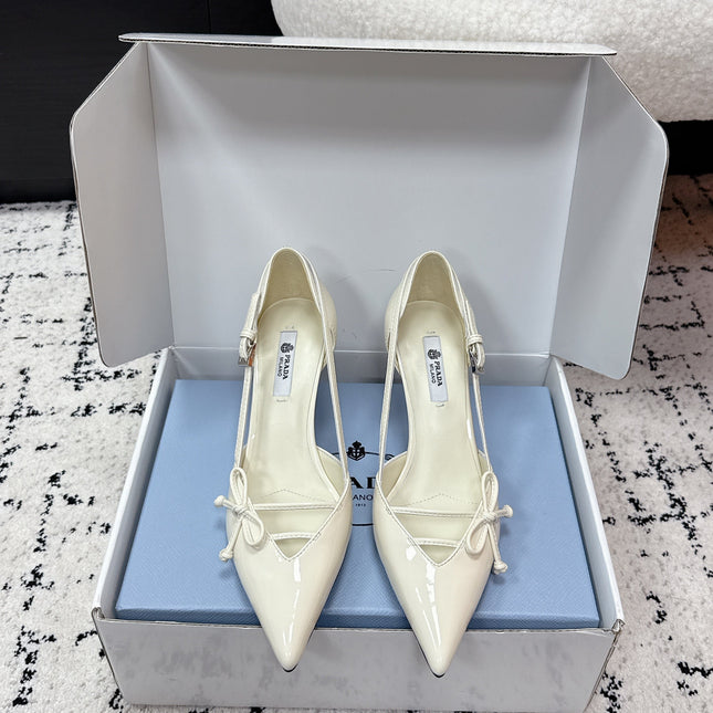 PRADA 26S POINTED-TOE HIGH HEELS 75MM IN IVORY WHITE PATENT CALFSKIN WITH BOW