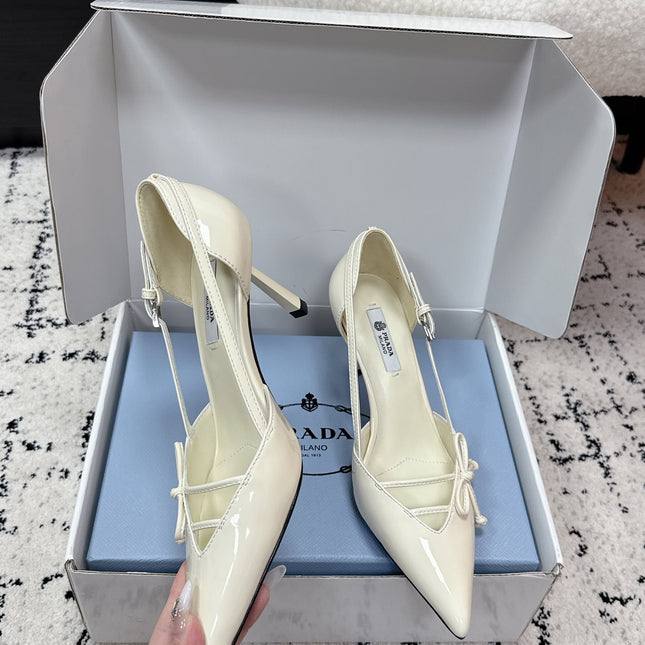 PRADA 26S POINTED-TOE HIGH HEELS 75MM IN IVORY WHITE PATENT CALFSKIN WITH BOW