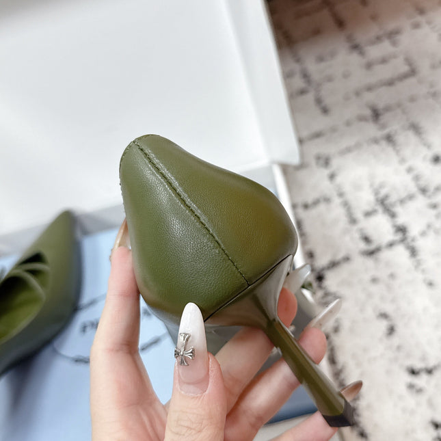 PRADA 26S POINTED-TOE HIGH HEELS 75MM IN DARK OLIVE GREEN CALFSKIN