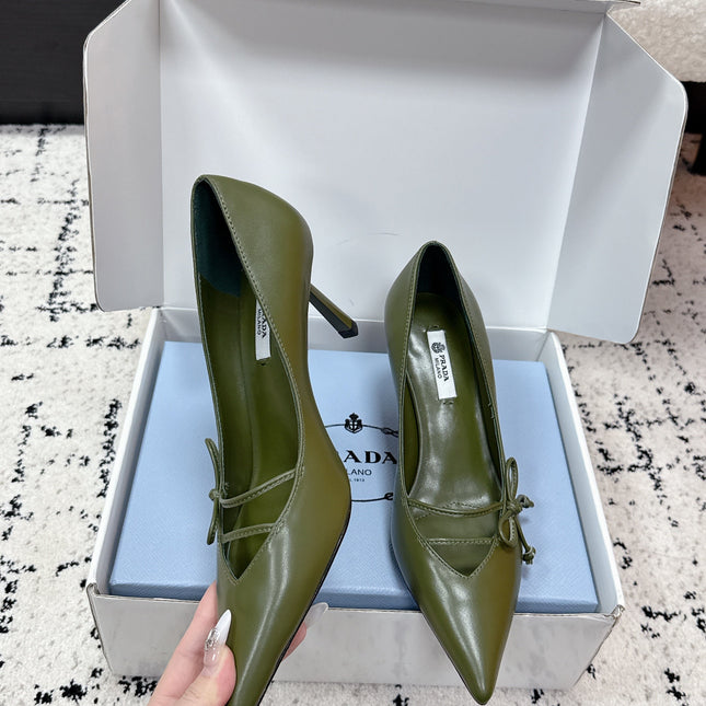 PRADA 26S POINTED-TOE HIGH HEELS 75MM IN DARK OLIVE GREEN CALFSKIN