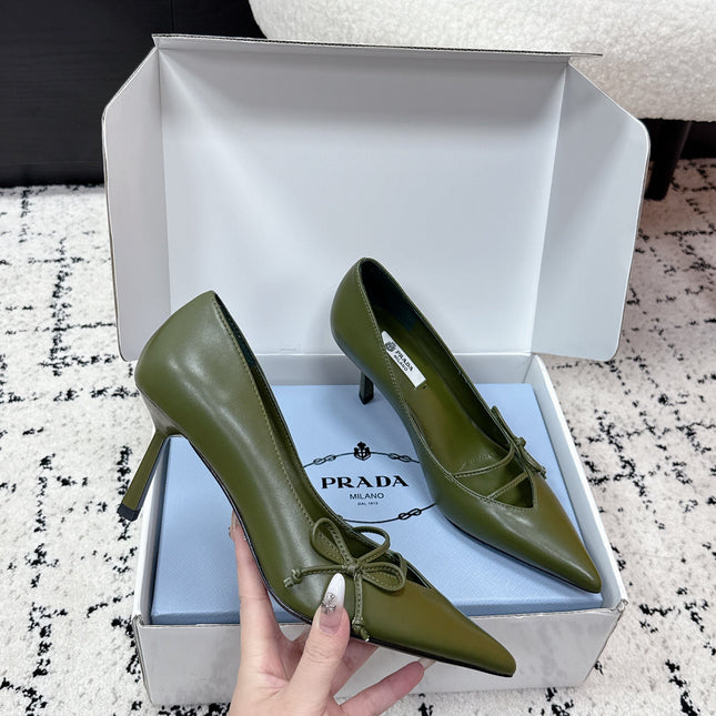 PRADA 26S POINTED-TOE HIGH HEELS 75MM IN DARK OLIVE GREEN CALFSKIN