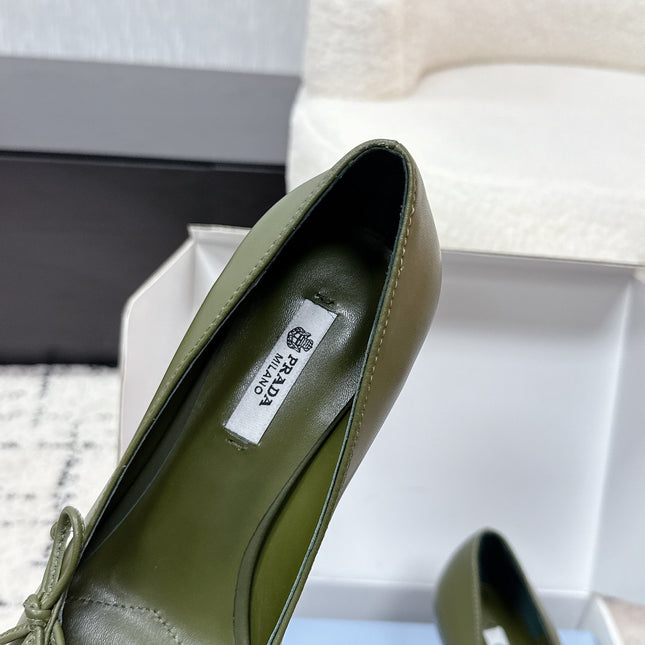 PRADA 26S POINTED-TOE HIGH HEELS 75MM IN DARK OLIVE GREEN CALFSKIN