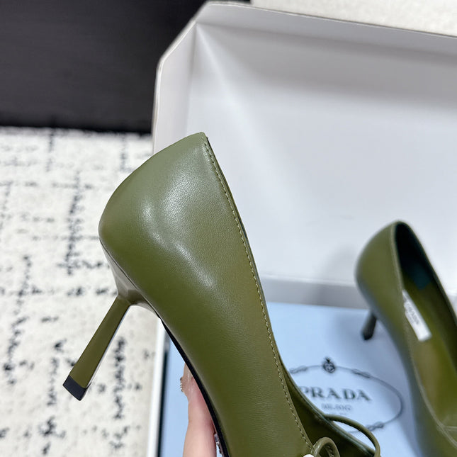 PRADA 26S POINTED-TOE HIGH HEELS 75MM IN DARK OLIVE GREEN CALFSKIN