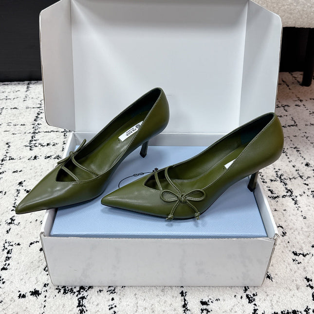 PRADA 26S POINTED-TOE HIGH HEELS 75MM IN DARK OLIVE GREEN CALFSKIN