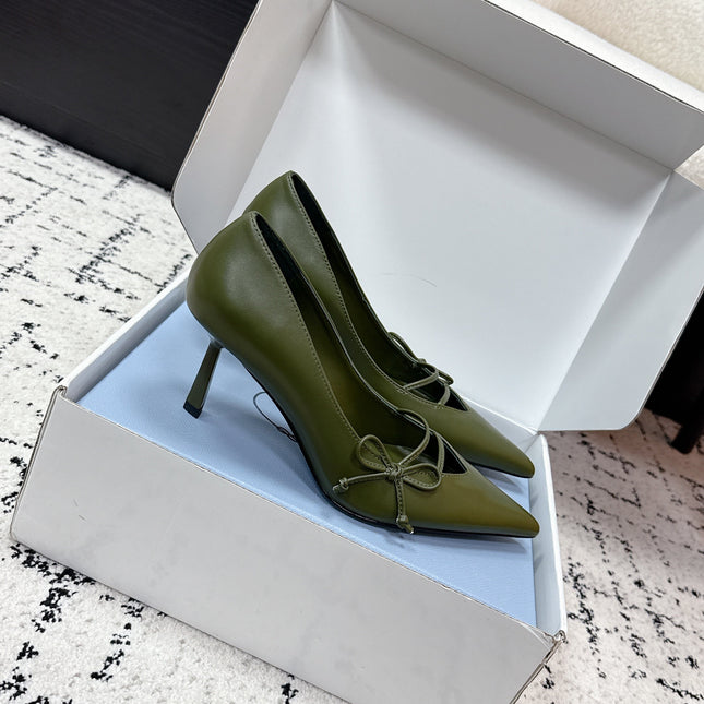 PRADA 26S POINTED-TOE HIGH HEELS 75MM IN DARK OLIVE GREEN CALFSKIN