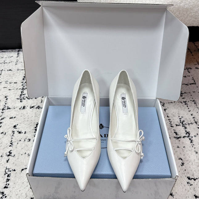 PRADA 26S POINTED-TOE HIGH HEELS 75MM IN CREAM WHITE CALFSKIN