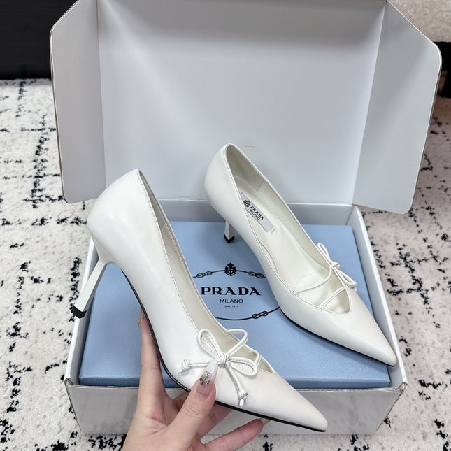 PRADA 26S POINTED-TOE HIGH HEELS 75MM IN CREAM WHITE CALFSKIN