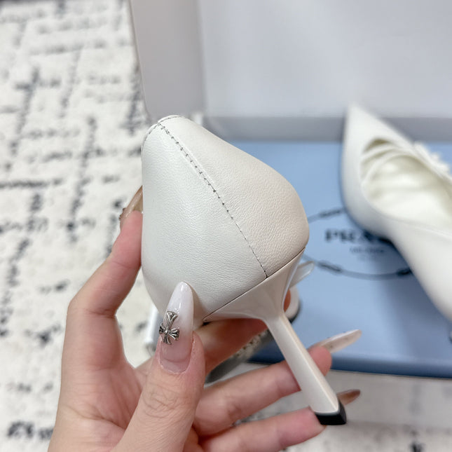 PRADA 26S POINTED-TOE HIGH HEELS 75MM IN CREAM WHITE CALFSKIN