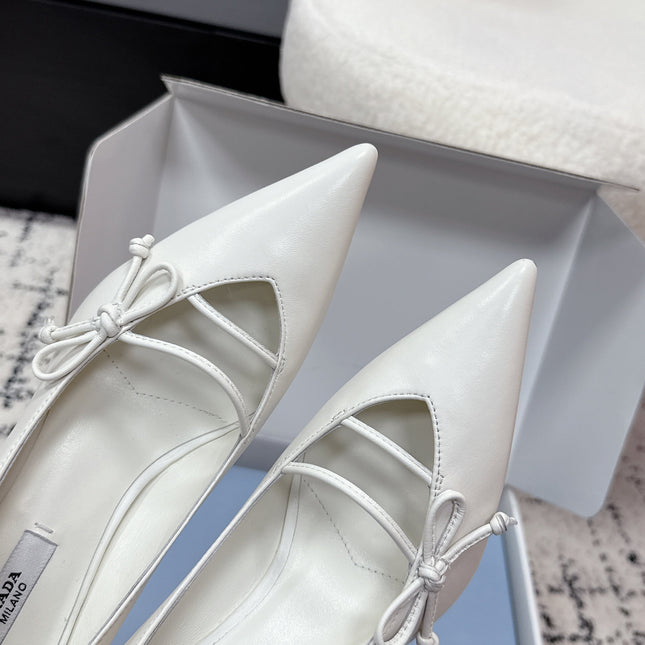 PRADA 26S POINTED-TOE HIGH HEELS 75MM IN CREAM WHITE CALFSKIN