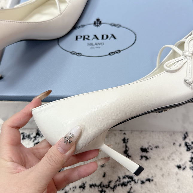 PRADA 26S POINTED-TOE HIGH HEELS 75MM IN CREAM WHITE CALFSKIN