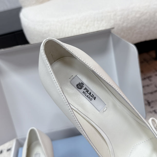 PRADA 26S POINTED-TOE HIGH HEELS 75MM IN CREAM WHITE CALFSKIN