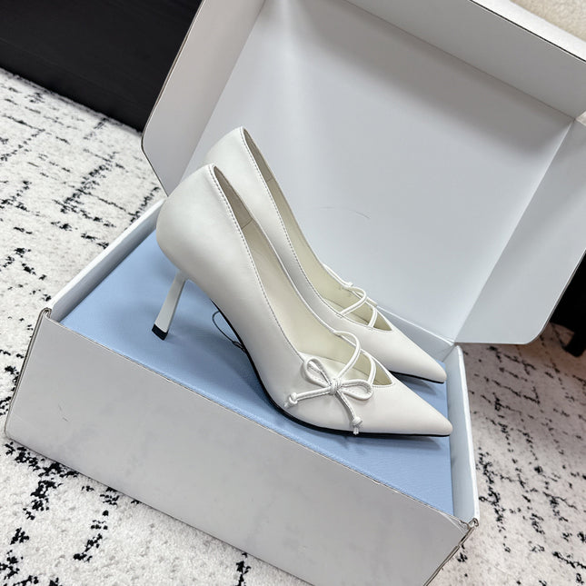 PRADA 26S POINTED-TOE HIGH HEELS 75MM IN CREAM WHITE CALFSKIN