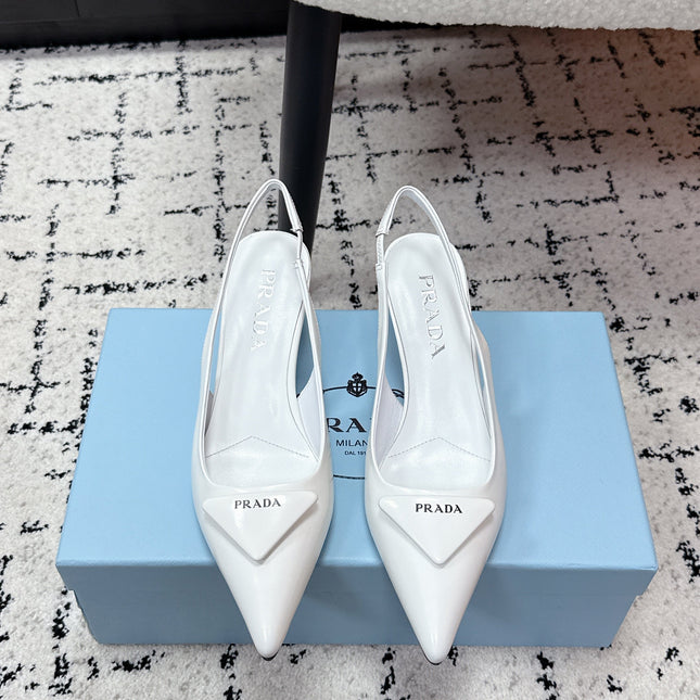 PRADA 26S SLINGBACK PUMPS 60MM IN WHITE PATENT CALFSKIN