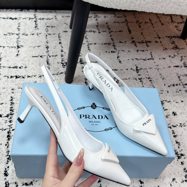 PRADA 26S SLINGBACK PUMPS 60MM IN WHITE PATENT CALFSKIN