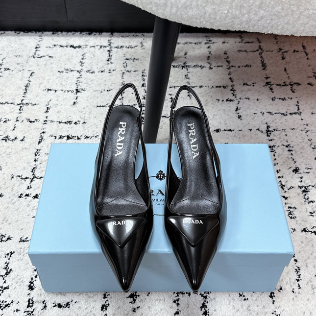 PRADA 26S SLINGBACK PUMPS 60MM IN BLACK PATENT CALFSKIN