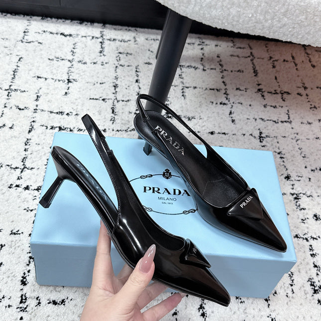 PRADA 26S SLINGBACK PUMPS 60MM IN BLACK PATENT CALFSKIN