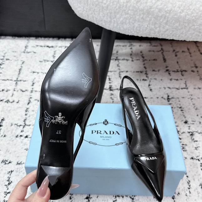 PRADA 26S SLINGBACK PUMPS 60MM IN BLACK PATENT CALFSKIN