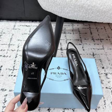 PRADA 26S SLINGBACK PUMPS 60MM IN BLACK PATENT CALFSKIN